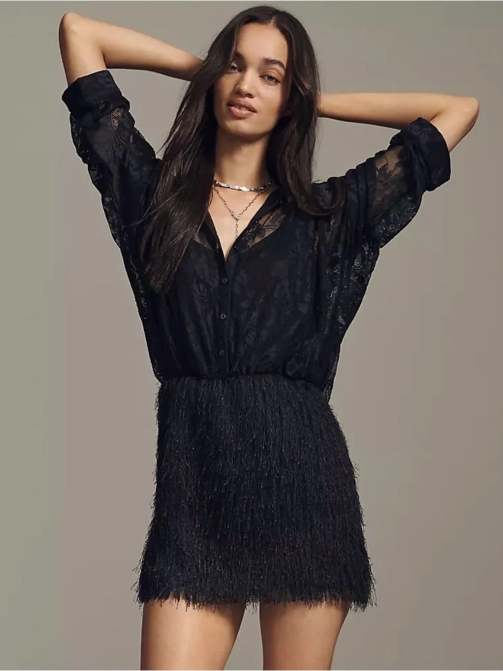 Anthropologie Maeve Black twofer Sheer Lace Blouse & Textured Fringe dress - Picture 1 of 11
